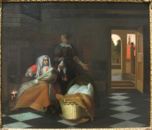 Репродукция картины "woman with a child and a maid in an interior" художника "хох питер де"