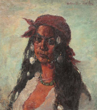 Репродукция картины "gypsy woman with necklace and pipe" художника "бенчиле октав"