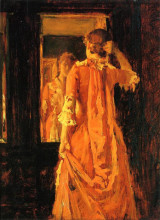 Репродукция картины "young woman before a mirror" художника "чейз уильям меррит"
