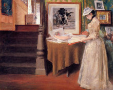 Репродукция картины "interior, young woman at a table" художника "чейз уильям меррит"