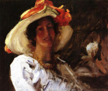 Копия картины "portrait of clara stephens wearing a hat with an orange ribbon" художника "чейз уильям меррит"