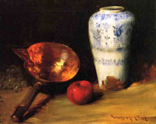 Картина "still liife with china vase, copper pot, an apple and a bunch of grapes" художника "чейз уильям меррит"