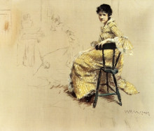 Репродукция картины "seated woman in yello striped gown" художника "чейз уильям меррит"