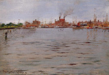 Репродукция картины "harbor scene, brooklyn docks" художника "чейз уильям меррит"
