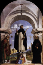 Картина "st. peter martyr with st. nicholas of bari, st. benedict and an angel musician" художника "чима да конельяно"