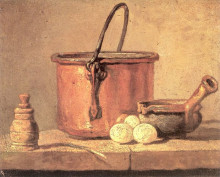 Репродукция картины "still life of cooking utensils, cauldron, casserole and eggs" художника "шарден жан батист симеон"