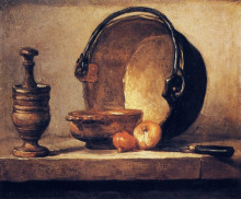 Картина "still life with pestle, bowl, copper cauldron, onions and a knife" художника "шарден жан батист симеон"