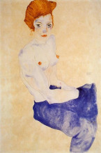 Репродукция картины "seated girl with bare torso and light blue skirt" художника "шиле эгон"