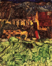 Копия картины "meadow, church and houses" художника "шиле эгон"