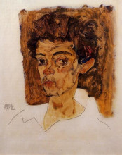 Картина "self portrait with brown background" художника "шиле эгон"