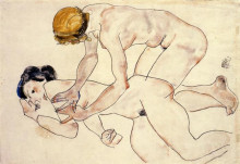 Картина "two female nudes, one reclining, one kneeling" художника "шиле эгон"