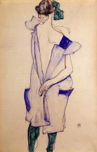 Картина "standing girl in a blue dress and green stockings, back view" художника "шиле эгон"