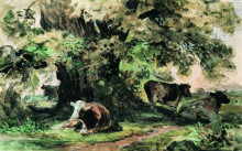 Репродукция картины "коровы под дубом" художника "шишкин иван"