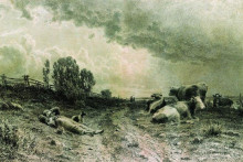 Копия картины "летом в поле (пейзаж со стадом)" художника "шишкин иван"