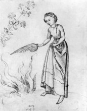 Картина "young woman fanning a fire with a bird&#39;s wing" художника "шонгауэр мартин"