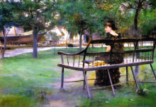 Репродукция картины "woman on a bench" художника "эбби эдвин остин"