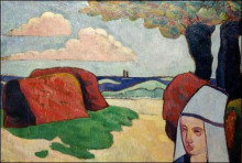 Репродукция картины "breton woman at haystacks" художника "бернар эмиль"