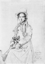 Копия картины "мадемуазель генриетта урсула клер , предположительно тевенен, и ее собачка трим" художника "энгр жан огюст доминик"