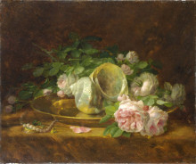 Репродукция картины "platter with seashells, roses, pearls and earrings" художника "яковидис георгиос"