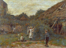 Репродукция картины "scene in a farmyard with children picking fruit" художника "чарльз джеймс"
