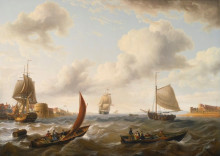 Картина "british men of war and other ships off the coast in choppy seas" художника "поуэл чарльз мартин"