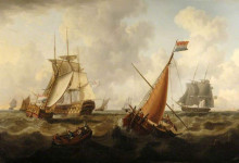 Копия картины "dutch and british men o&#39; war off the coast, dutch boat in the foreground" художника "поуэл чарльз мартин"