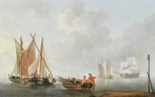 Картина "fishermen and boats with two sailing ships beyond" художника "поуэл чарльз мартин"