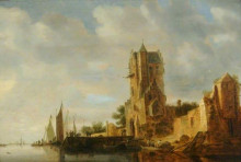 Копия картины "river scene with a tower" художника "ван гоен жан"