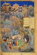 Картина "iskandar, in the likeness of husayn bayqara, visiting the wise man in a cave." художника "бехзад кемаледдин"