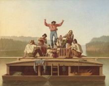 Репродукция картины "the jolly flatboatmen" художника "бингем джордж калеб"