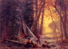Репродукция картины "moose hunters camp" художника "бирштадт альберт"