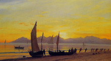 Репродукция картины "boats ashore at sunset" художника "бирштадт альберт"