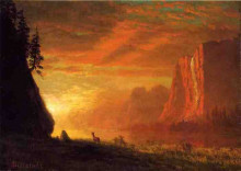 Репродукция картины "deer at sunset" художника "бирштадт альберт"