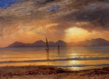 Репродукция картины "sunset over a mountain lake" художника "бирштадт альберт"