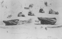 Репродукция картины "набросок лодок и коров" художника "богаевский константин"