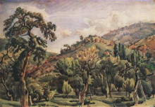 Картина "горный пейзаж с деревьями. орталаны." художника "богаевский константин"