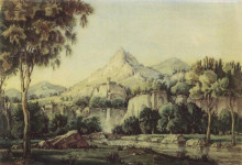 Картина "пейзаж с водопадом и мостом" художника "богаевский константин"