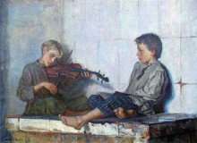 Репродукция картины "урок музыки" художника "богданов-бельский николай"