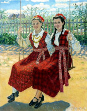 Репродукция картины "two girls on a swing" художника "богданов-бельский николай"