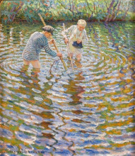 Репродукция картины "мальчики ловят рыбу" художника "богданов-бельский николай"