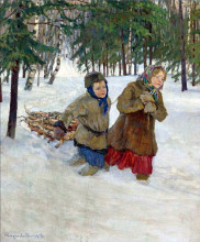 Репродукция картины "дети везут дрова зимой по снегу" художника "богданов-бельский николай"