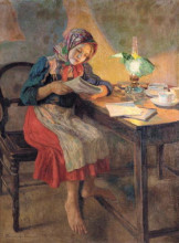 Копия картины "чтение при свете лампы (школьница)" художника "богданов-бельский николай"