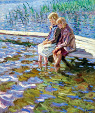 Репродукция картины "две девочки на мостках" художника "богданов-бельский николай"