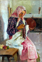 Репродукция картины "женщина, вышивающая платок" художника "богданов-бельский николай"