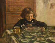 Репродукция картины "а child sitting a table" художника "богданов-бельский николай"