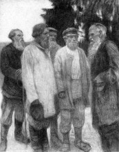 Репродукция картины "л. н. толстой среди крестьян" художника "богданов-бельский николай"