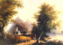 Картина "the &#39;enemy brothers&#39; in bornhofen on the rhine with a convent and village view" художника "бодмер карл"